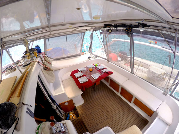 The cockpit of our catamaran